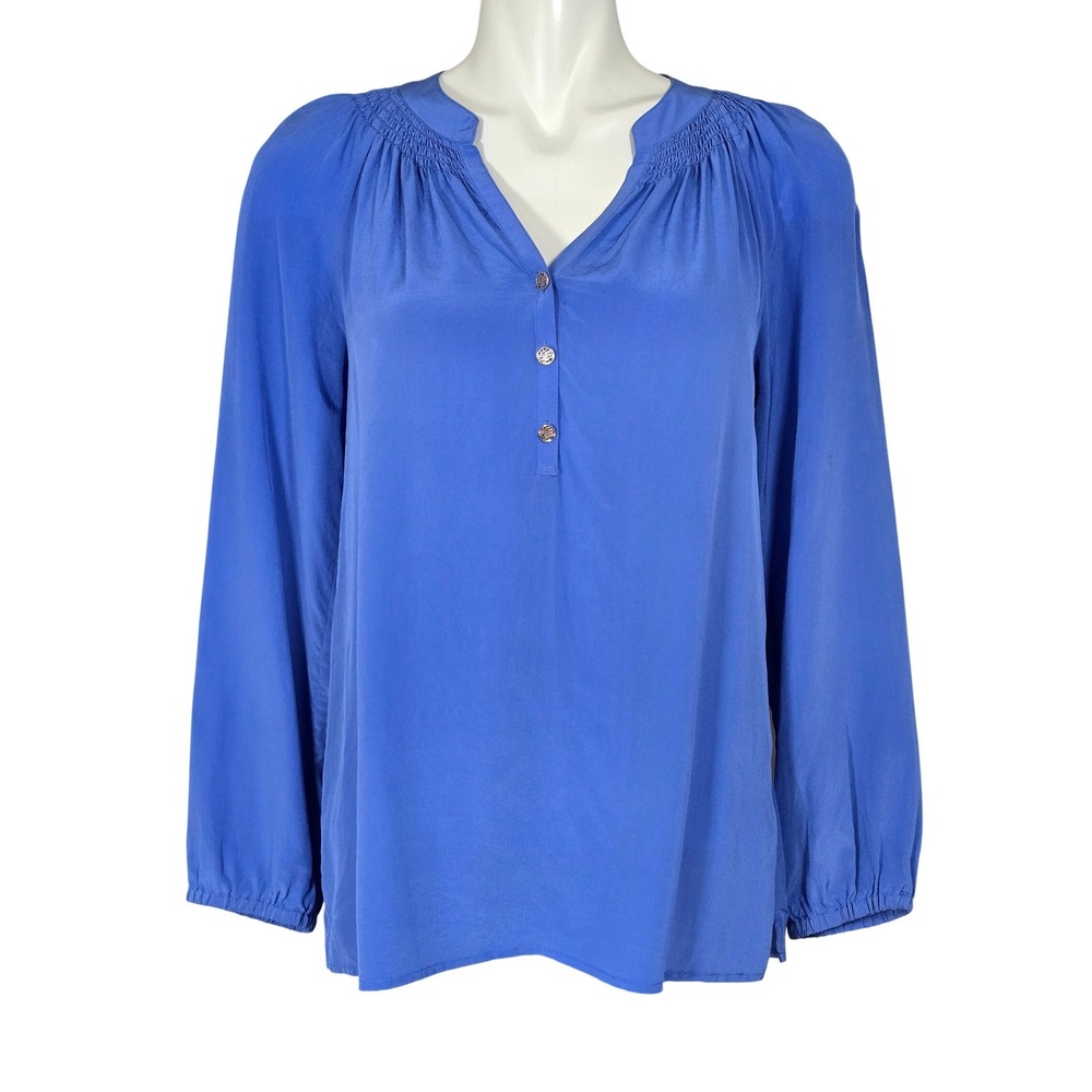 Lilly Pulitzer Women's Elsa Smocked Silk Blouse Brilliant Blue Medium